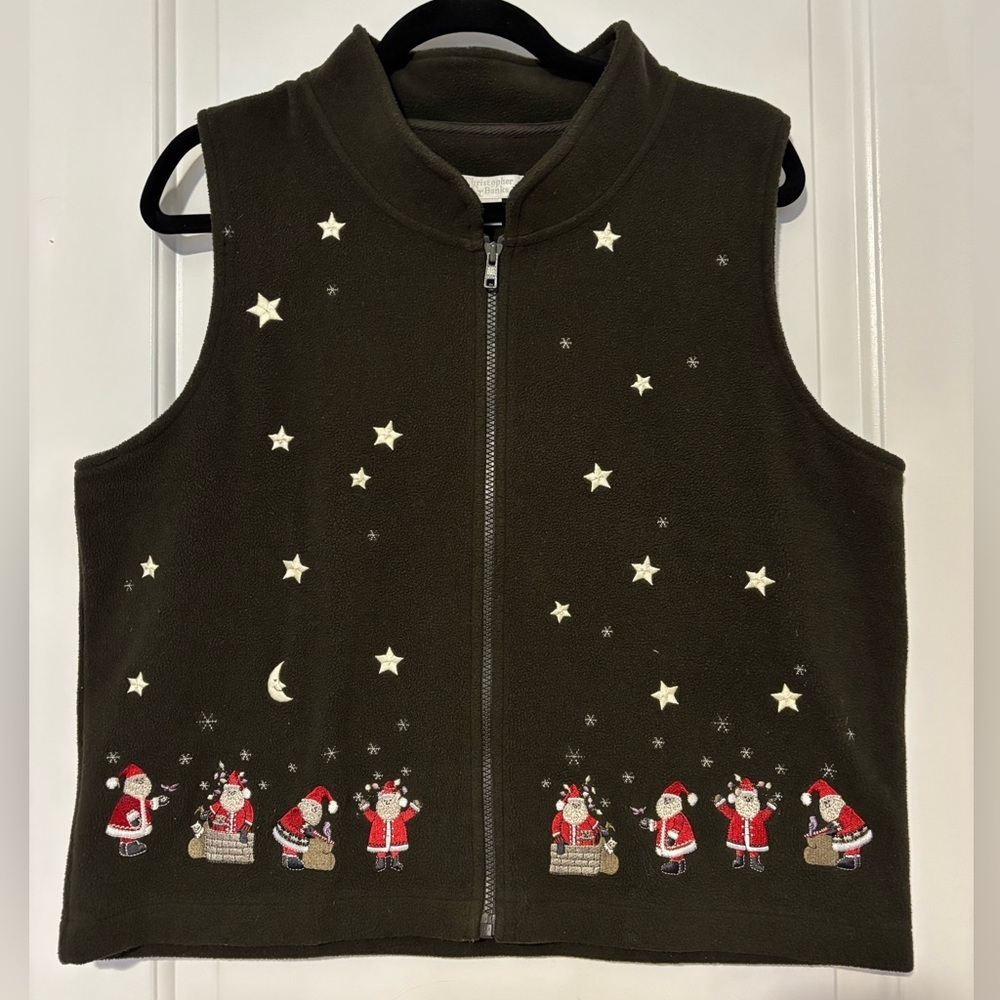 Vtg CJ Banks Christmas fleece vest large olive green with Santa’s